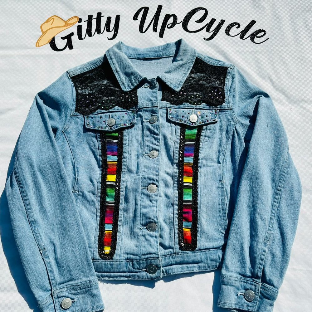 One of a Kind! Look good coming & going! Upcycled Mexican blanket Jean Jacket